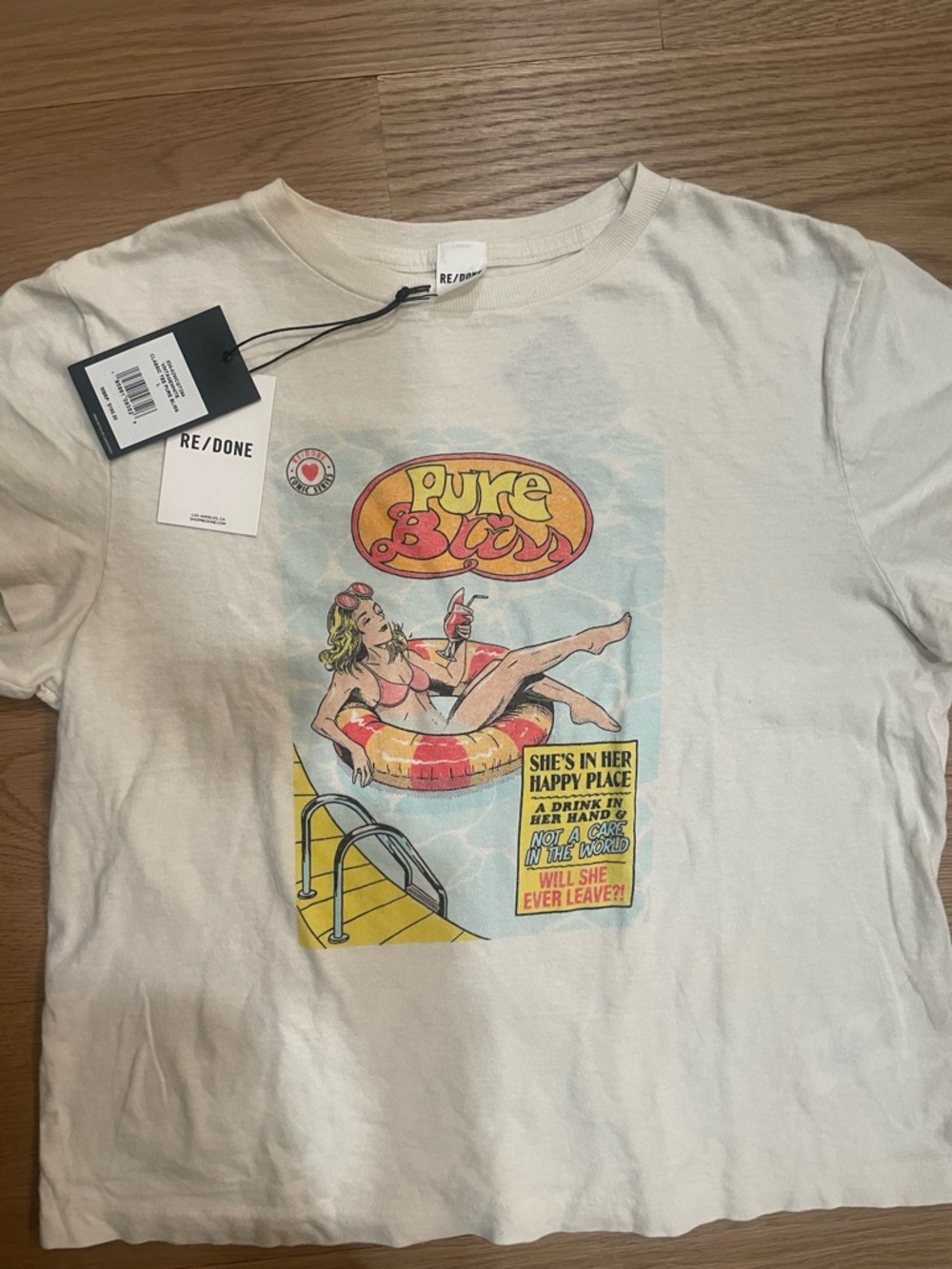 Re/Done Off White Graphic Tee with Multicolor Retro Pool Print - Picture 3 of 4